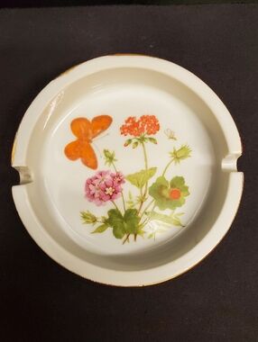 Vintage Porcelain Ashtray Floral Butterfly Gold Trim
